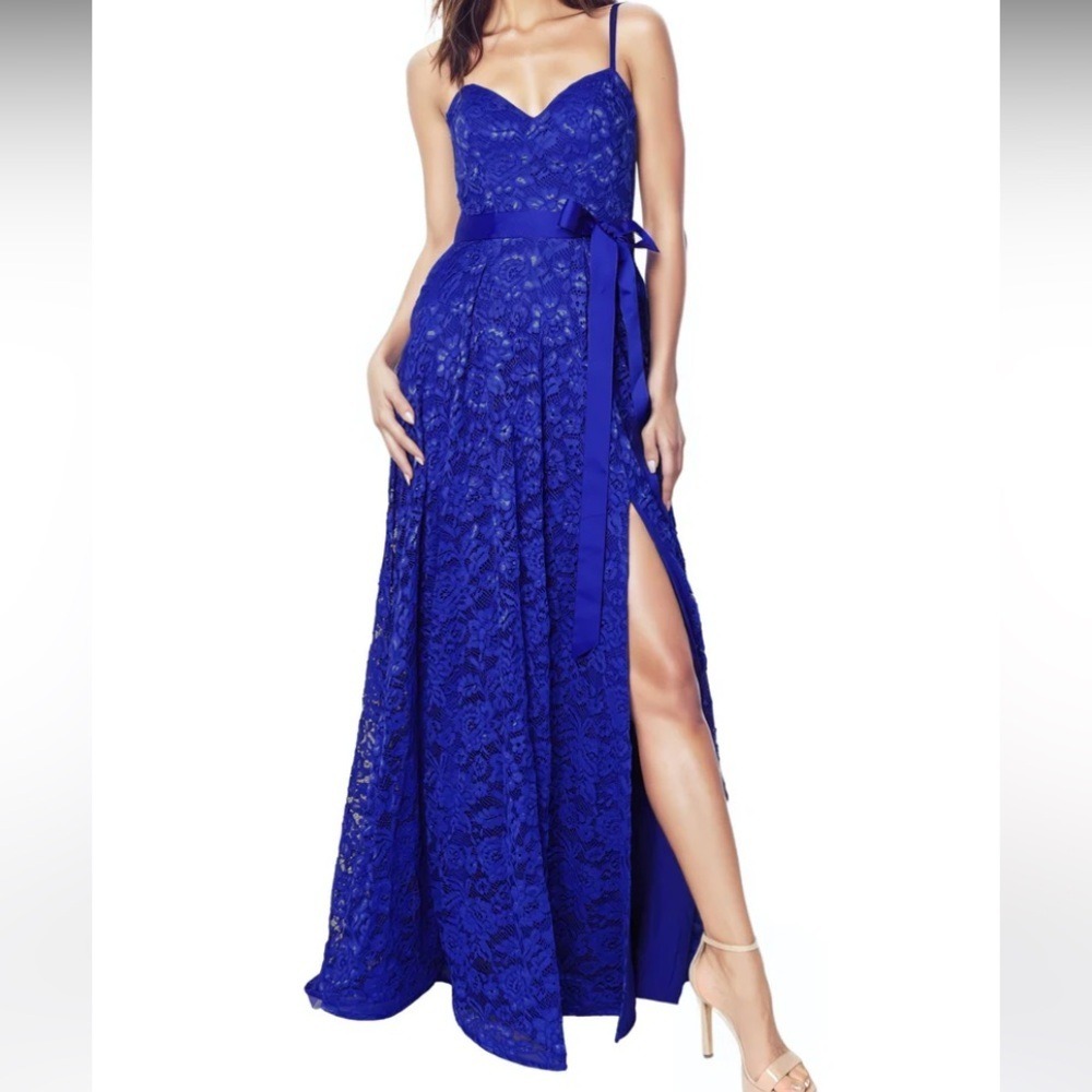 🆕RENE RUIZ COLLECTION Navy Sweatheart Neckline Lace A-Line Gown Side Slit 12